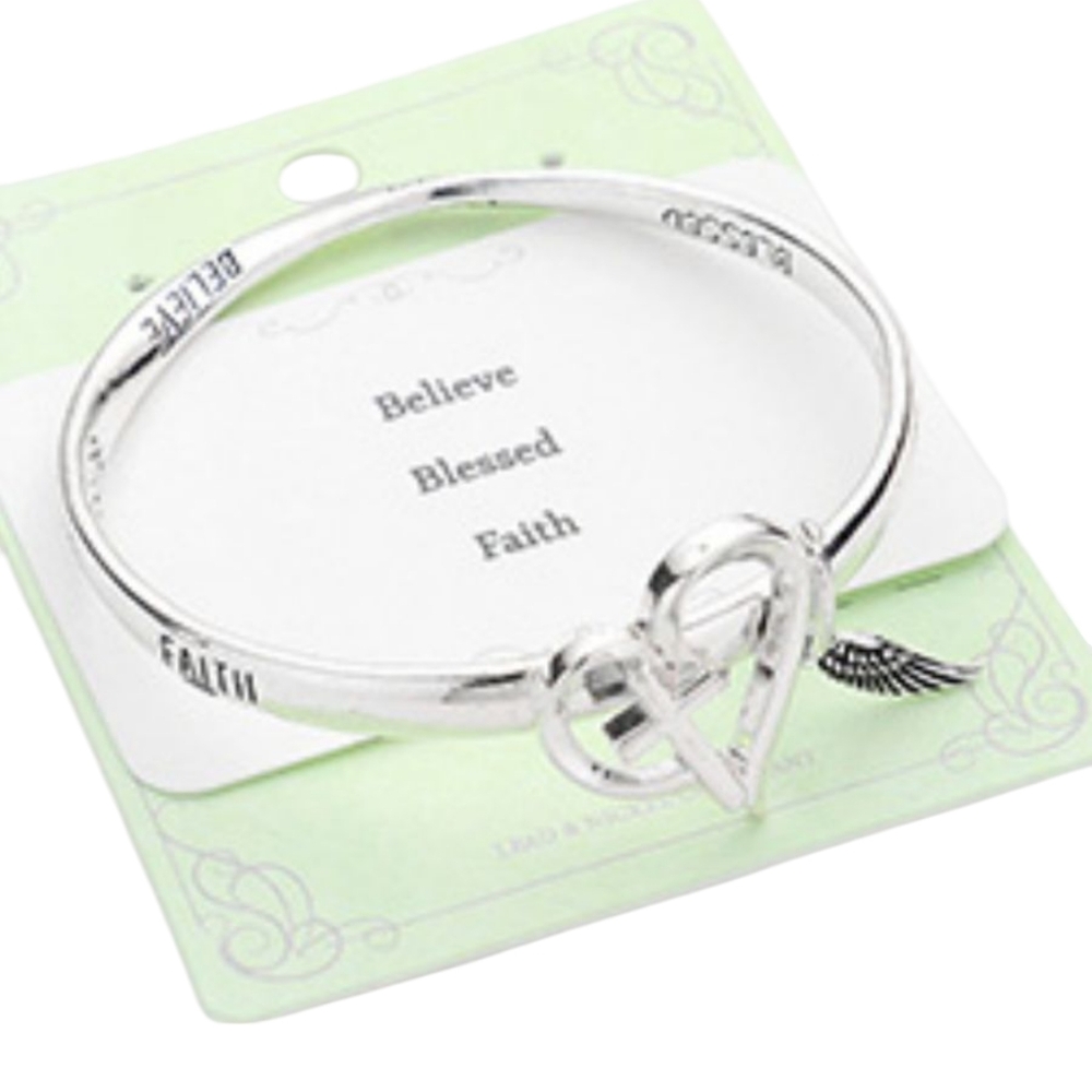Believe Blessed Faith Cross Heart Bangle Bracelet NWT